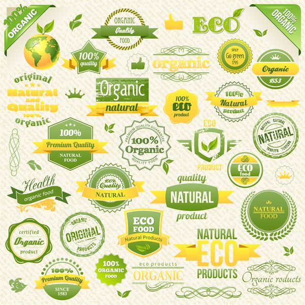 بردار مجموعه مواد غذایی ارگانیک برچسب های زیست محیطی و عناصر عناصر لوگو برای غذا و نوشیدنی وکتور رستوران ها و محصولات ارگانیک