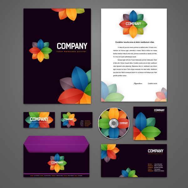 راه حل های هویت گلدار رنگارنگ برای شرکت ها یا مشاغل که شامل جلد سی دی کارت ویزیت طرح های سر نامه است همه در