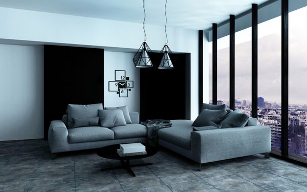 گوشه ای راحت در فضای داخلی اتاق نشیمن مدرن جادار با نیمکت های روکش خاکستری در مقابل پنجره ای از کف تا سقف رندر سه بعدی