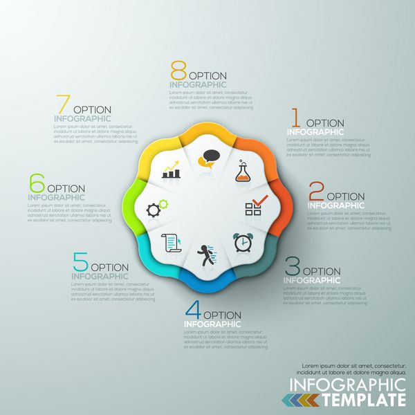 بنر گزینه های اینفوگرافیک مدرن با نمودار دایره ای کاغذی 8 قسمتی و نمادها بردار می تواند برای طراحی وب و طرح گردش کار استفاده شود
