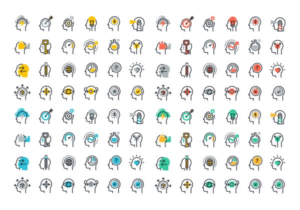 مجموعه آیکون های رنگارنگ خط مسطح از فرآیند مغز انسان تفکر افراد احساسات سلامت روان فرآیند خلاق راه حل کسب و کار تجربه شخصیت استراتژی و توسعه فرصت ها