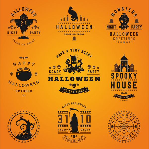 مجموعه عناصر طراحی وکتور نشان ها و برچسب های شاد هالووین پرنعمت