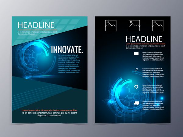 قالب طراحی بروشور کسب و کار و فناوری وکتور سه تایی در سایز a4 برای استفاده به عنوان گزارش شرکت پوستر بروشور
