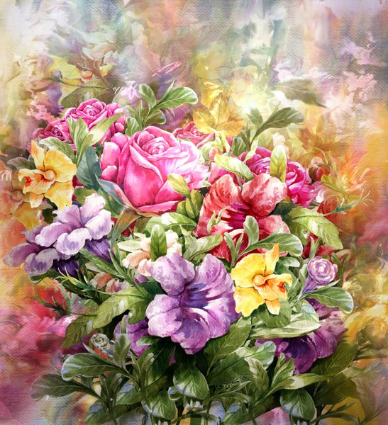 دسته گل های رنگارنگ سبک نقاشی آبرنگ نقاشی دیجیتال