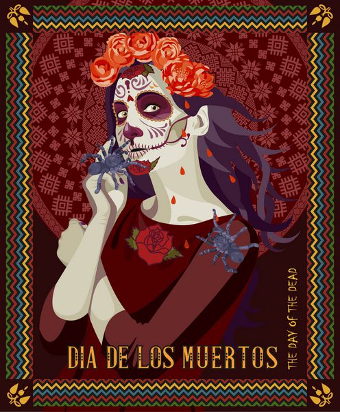 روز جمجمه مرده زنی با آرایش کالورا متن dia de los muertos به زبان اسپانیایی