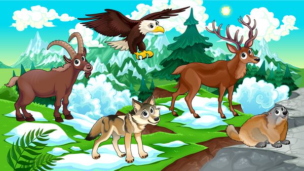 حیوانات کارتونی گوزن عقاب گرگ با منظره وکتور تصویر کارتونی
