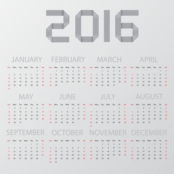 تقویم ساده 2016 تن سفید روشن وکتور