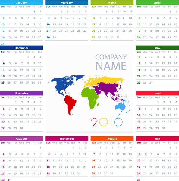 الگوی طراحی وکتور تقویم 2016 و نقشه جهان هفته از یکشنبه شروع می شود