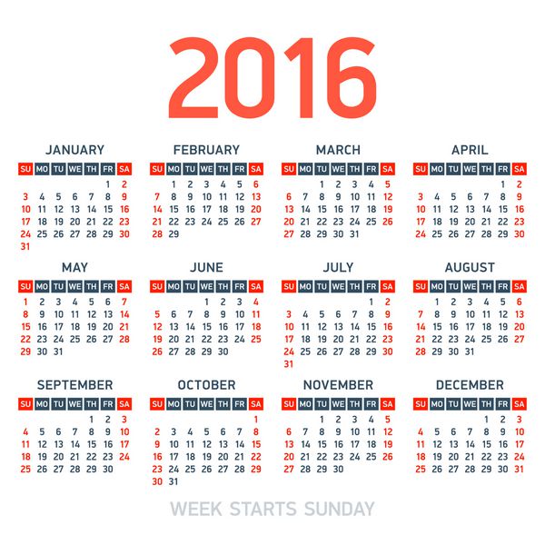 تقویم 2016 هفته از یکشنبه شروع می شود