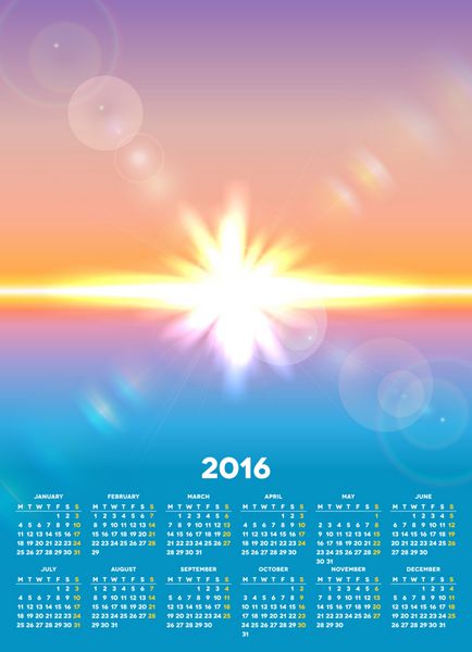 تقویم 2016 با منظره منظره از منظره آفتابی