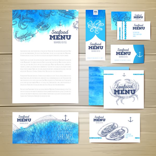 طراحی منوی غذاهای دریایی با آبرنگ هویت سازمانی الگوی سند