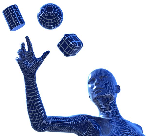 تصویر سه بعدی از زن با قاب سیمی تولید شده توسط کامپیوتر که با دست خود به سه شکل اصلی سه بعدی می رسد کره مکعب و استوانه