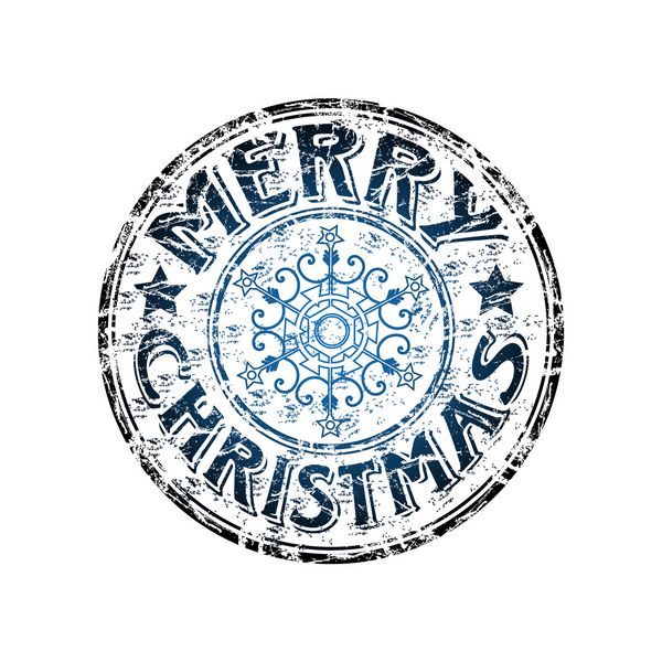 تمبر لاستیکی گرانج آبی با دانه های برف و متن کریسمس مبارک نوشته شده در داخل تمبر