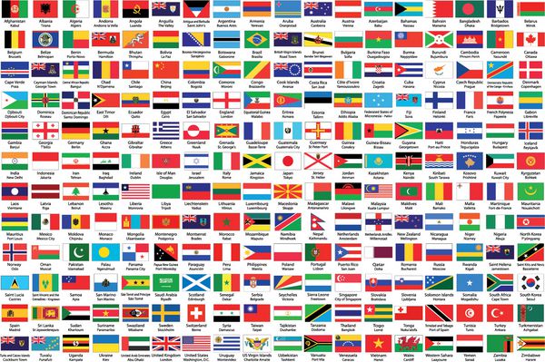 216 پرچم رسمی جهان به ترتیب حروف الفبا با نام کشور و پایتخت رسمی توسط معلمان برای دقت تأیید شده است