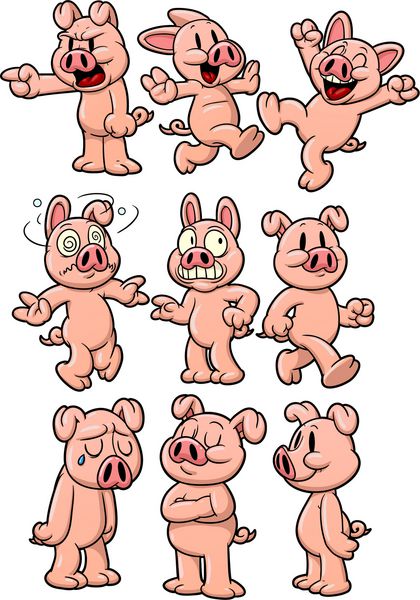 نه خوک کارتونی بامزه همه در لایه های جداگانه برای ویرایش آسان