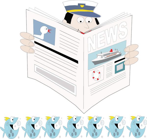 کارتون کاپیتان کشتی در حال خواندن آخرین اخبار حمل و نقل با حاشیه ماهی های تزئینی در زیر