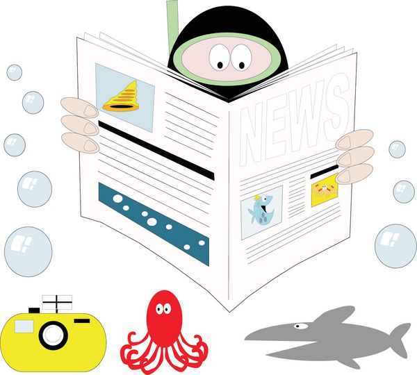 کارتون غواص پوست در حال خواندن روزنامه در زیر آب با حباب دوربین و ماهی