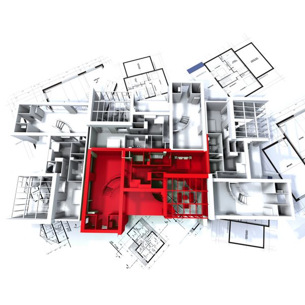 آپارتمان با رنگ قرمز بر روی یک ماکت معماری سفید در بالای نقشه های معمار برجسته شده است