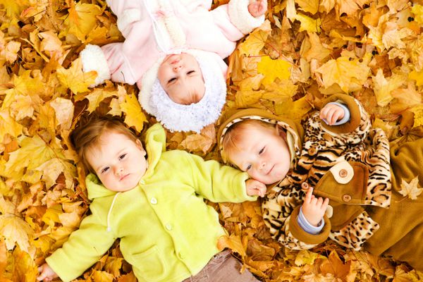 سه دوست بچه که روی برگ های پاییزی دراز کشیده اند