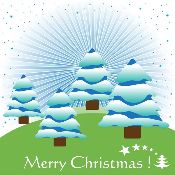 کارت پستال رنگارنگ کریسمس با درختان صنوبر پوشیده از برف و متن کریسمس مبارک نوشته شده در زیر درختان