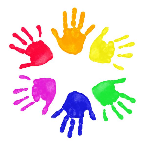 مجموعه ای از چاپ های رنگارنگ دستی به ترتیب رنگین کمان جدا شده بر روی پس زمینه سفید