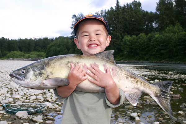 پسر جوان ناز با لبخندی عالی که ماهی قزل آلا بزرگ را در دست دارد و در حال ماهیگیری در رودخانه است