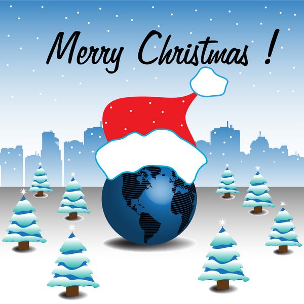 تصویر رنگارنگ انتزاعی با کره آبی که توسط درختان صنوبر کوچک احاطه شده و با کلاه قرمز پوشیده شده است تم کریسمس