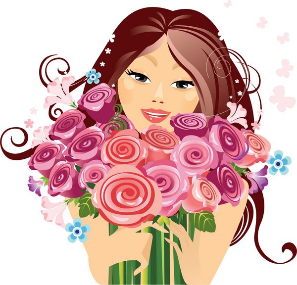 دختر شاد با یک دسته گل رز