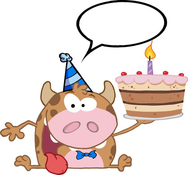 شخصیت کارتونی گوساله شاد کیک تولد و حباب سخنرانی را در دست دارد