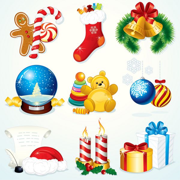 مجموعه کریسمس - وکتور کلیپ آرت دقیق شامل هدایا جوراب شیرینی گلوب برفی زنگ نمادهای بابا نوئل و سایر تزئینات - عناصر طراحی