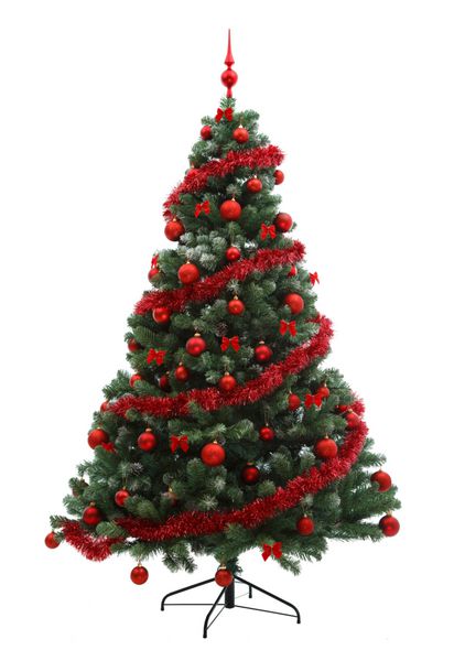 درخت کریسمس افسانه ای با تزئینات قرمز روی آن
