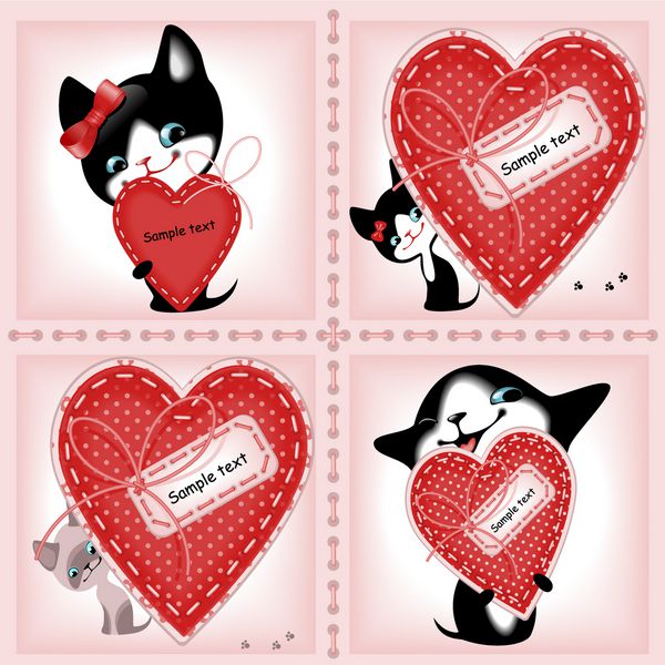مجموعه کامل کارت روز قلب و یک بچه گربه 2 مشابه در یک نمونه کارها