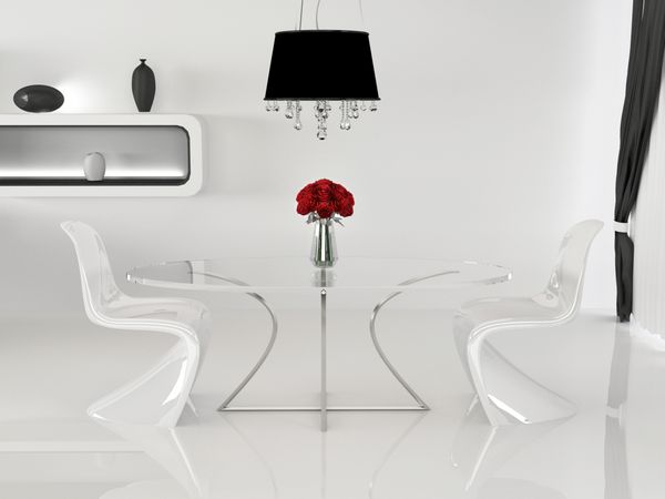 دو صندلی و میز با گلدان در فضای داخلی مینیمالیسم sp مبلمان منحنی