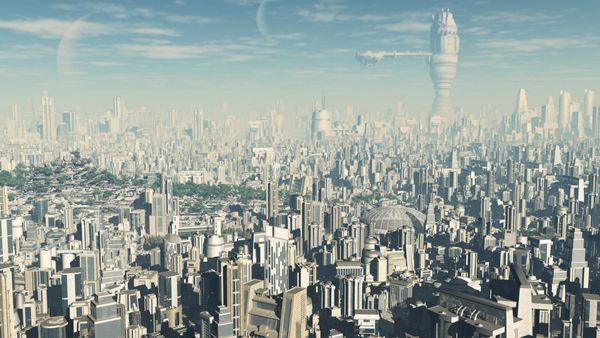 نمای یک شهر علمی تخیلی آینده‌نگر تصویر سه بعدی دیجیتالی
