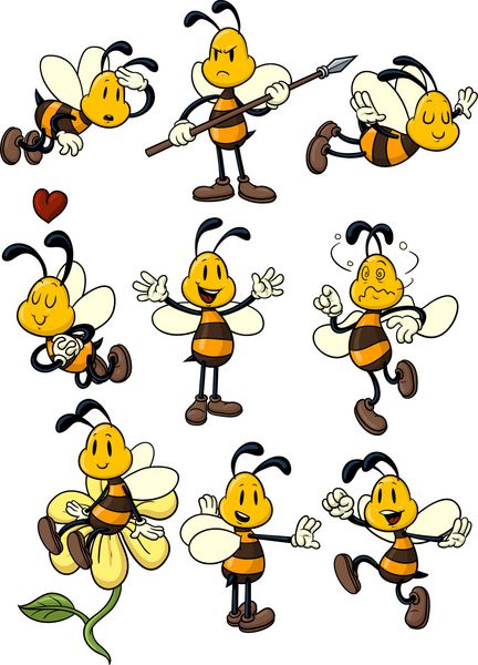 نه زنبور عسل کارتونی بامزه همه در لایه های جداگانه برای ویرایش آسان