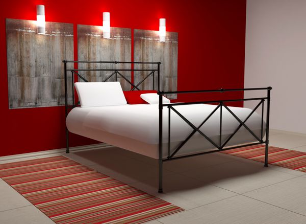 طراحی داخلی مدرن اتاق خواب سفید و قرمز رندر سه بعدی