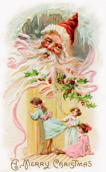 در انتظار کریسمس - تصاویر کارت پستال قدیمی در اوایل دهه 1900 که کریسمس پدر و دختران کوچک را نشان می دهد که به اتاق بعدی نگاه می کنند