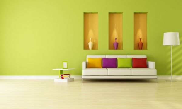 اتاق نشیمن سبز مینیمالیستی با سه طاقچه رندر