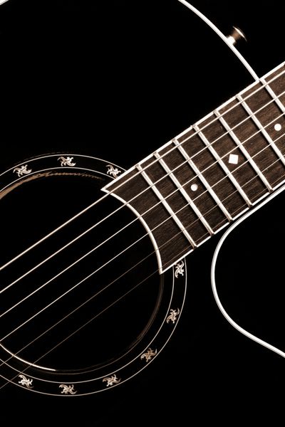 نمای نزدیک گیتار کلاسیک - شامل سیم صفحه انگشت و قسمتی از بدنه است می تواند به عنوان پس زمینه زیبا جلد آلبوم استفاده شود رنگ های تیره کنتراست