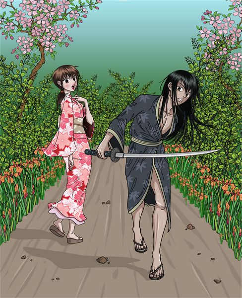 بانوی ژاپنی کیمونو و سامورایی در مسیر جنگل با هم ملاقات می کنند