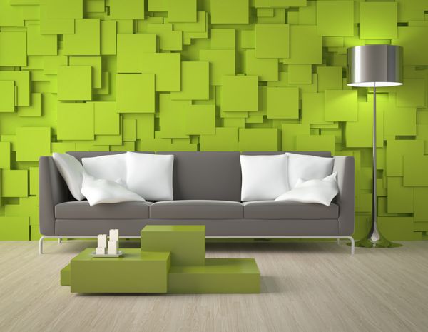 طراحی داخلی یک اتاق داخلی مدرن با دیوار سبز ساخته شده از بلوک و مبلمان