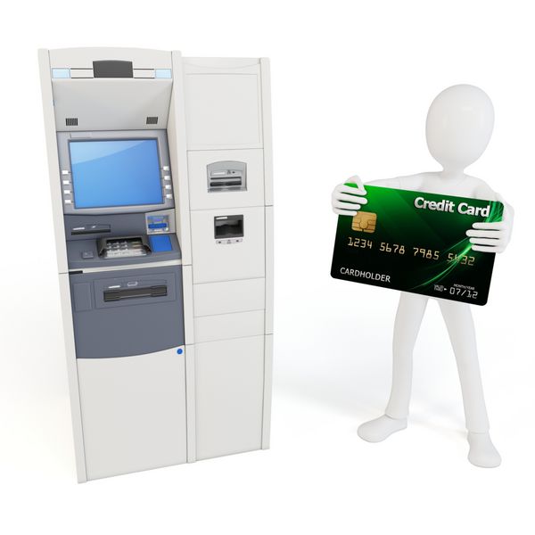 مرد سه بعدی با دستگاه خودپرداز و کارت اعتباری جدا شده روی سفید