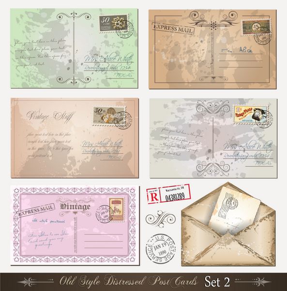 کارت پستال های مضطرب سبک قدیمی مجموعه 2 با تعداد زیادی تمبر پست با طرح های قدیمی مهرهای لاستیکی گنجانده شده است