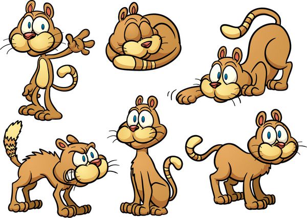 گربه کارتونی زیبا در حالت های مختلف وکتور با شیب ساده هر کدام در یک لایه جداگانه