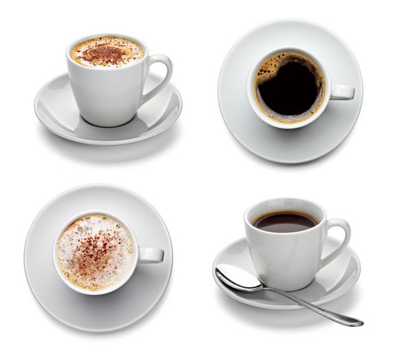 مجموعه ای از فنجان های مختلف قهوه در زمینه سفید هر کدام جداگانه است