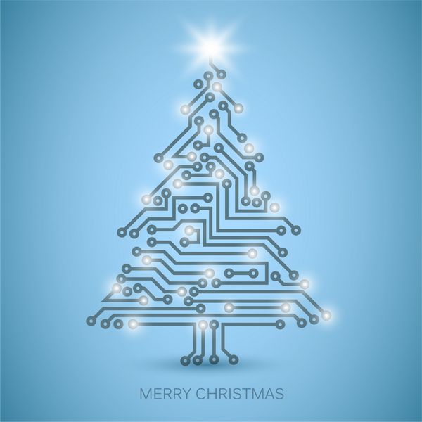 وکتور درخت کریسمس از مدار الکترونیکی دیجیتال - نسخه آبی با چراغ های سفید