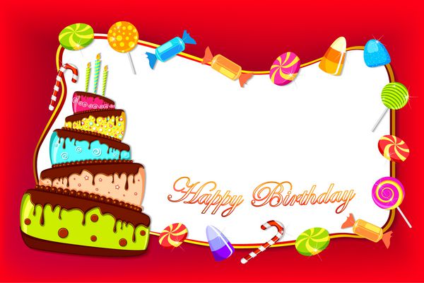 تصویر کارت تبریک تولد با کیک رنگارنگ و آب نبات های شیرین