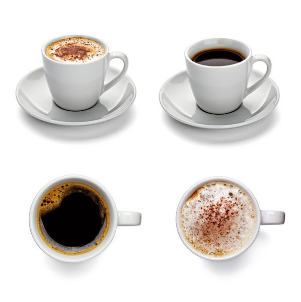 مجموعه ای از فنجان های مختلف قهوه در زمینه سفید هر کدام جداگانه است