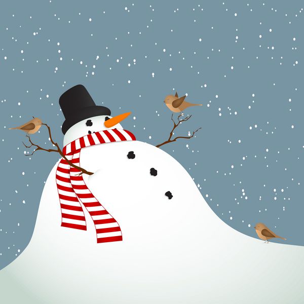 منظره زمستانی با آدم برفی پوشیده از پرندگان