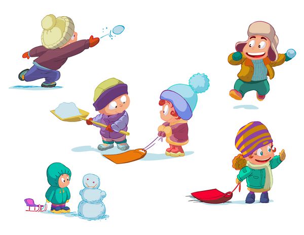 مجموعه ای از شخصیت ها بچه های خنده دار در زمستان